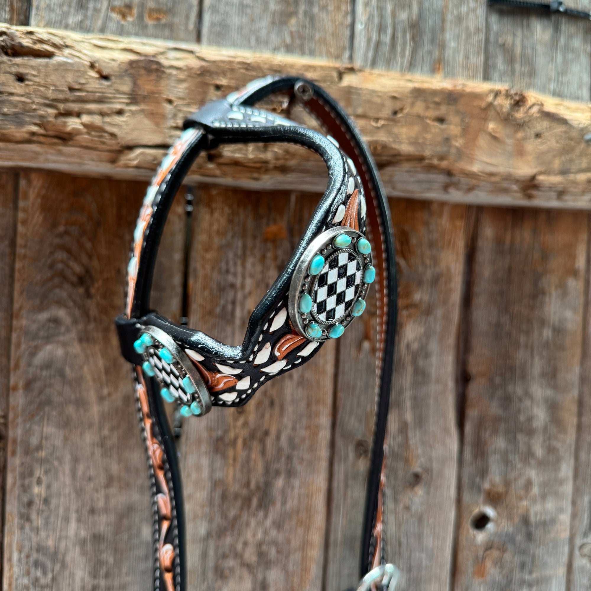 Vintage Checkered and Turquoise Browband Tack Set