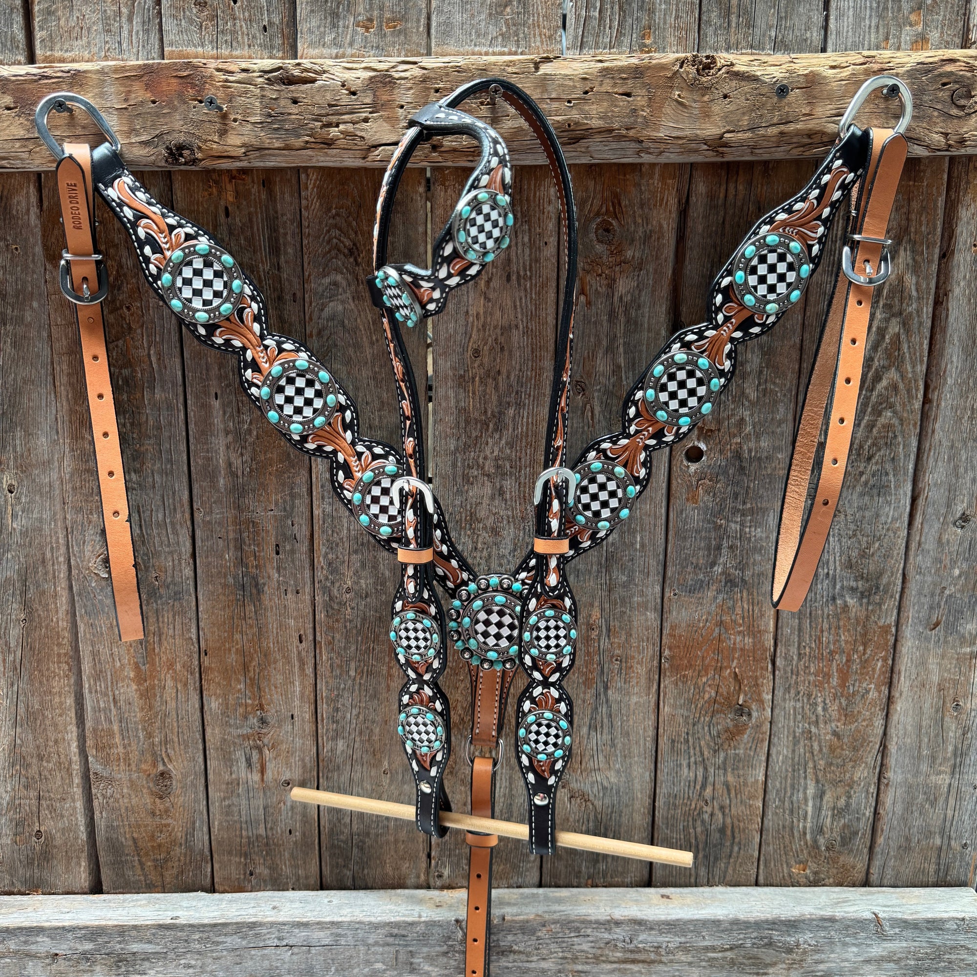 Vintage Checkered and Turquoise Browband Tack Set