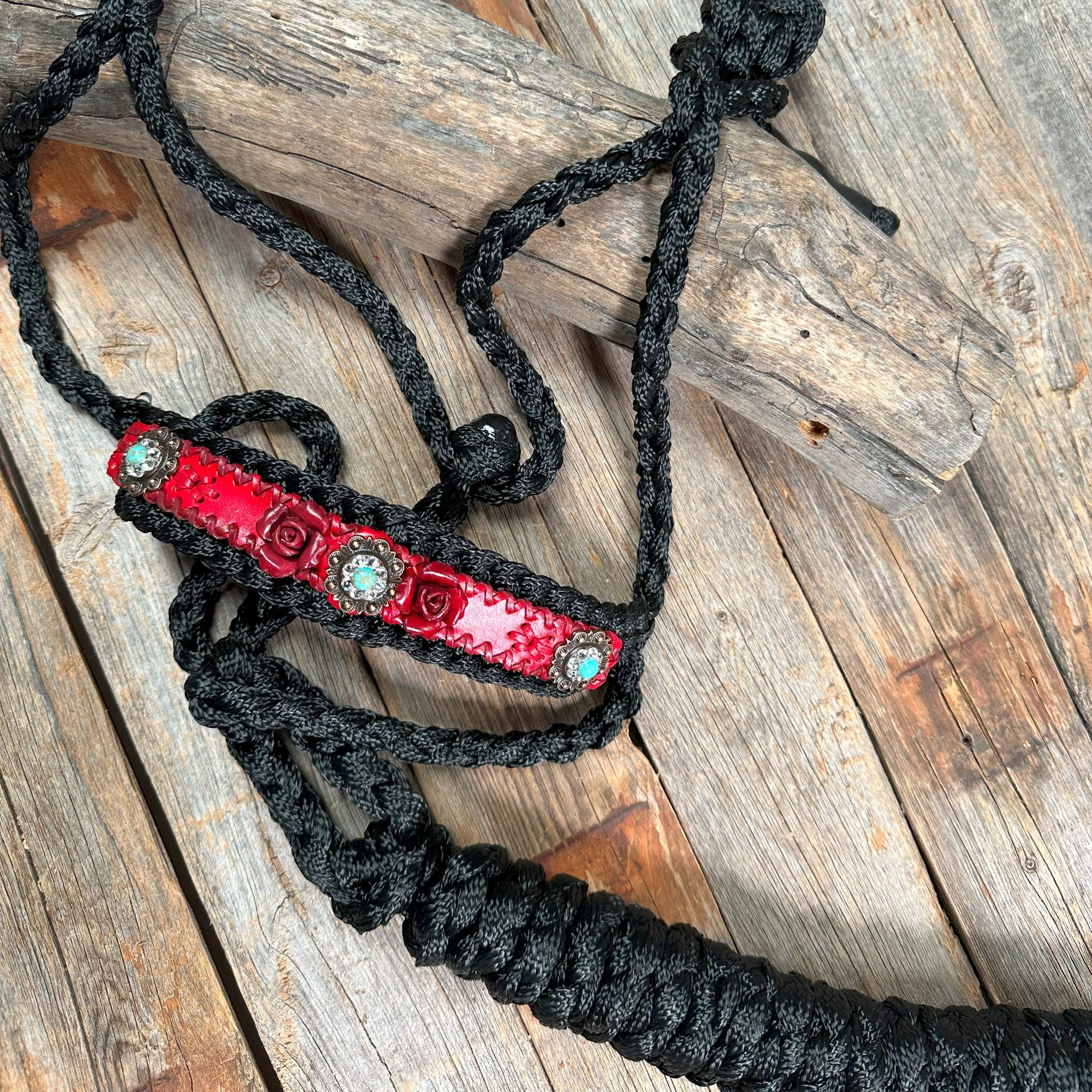 Black Mule Tape Halter - Red Rose and Turquoise 