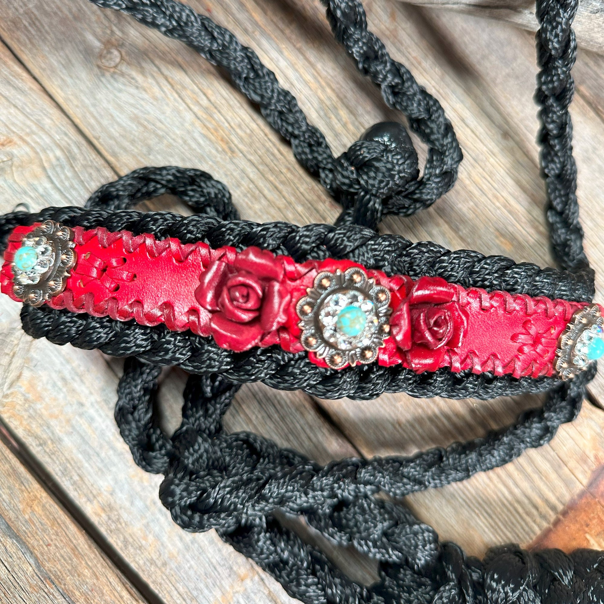Black Mule Tape Halter - Red Rose and Turquoise 