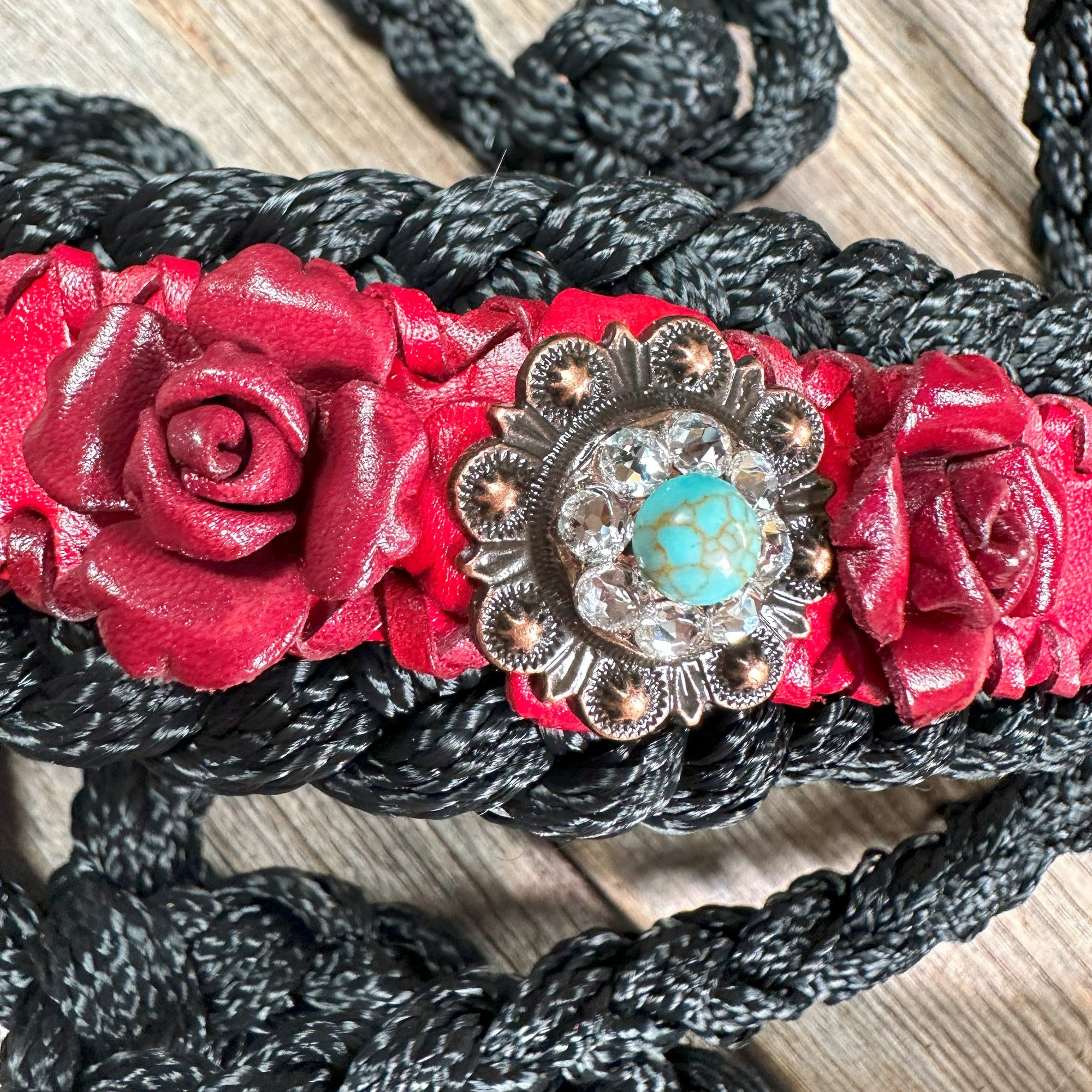 Black Mule Tape Halter - Red Rose and Turquoise 