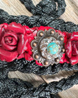 Black Mule Tape Halter - Red Rose and Turquoise 
