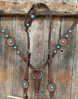 Medium Oil Floral Rosettes and Turquoise One Ear/ Breastcollar Tack Set 
