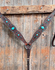 Dark Oil Hand Painted Turquoise Cabochons One Ear and Breastcollar Tack Set 