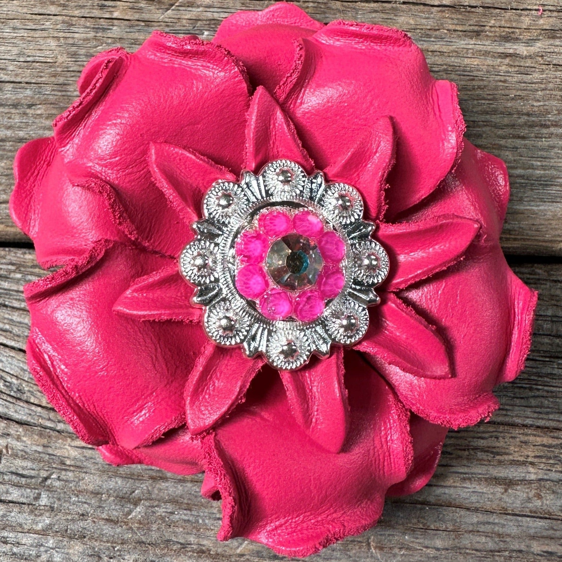 Neon Pink Gardenia Flower With Bright Silver Neon Pink &amp; AB 1" Concho