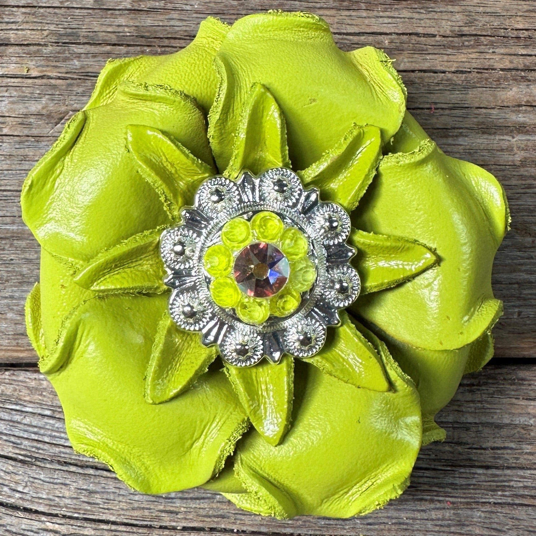 Neon Lime Gardenia Flower With Bright Silver Neon Yellow &amp; AB 1" Concho