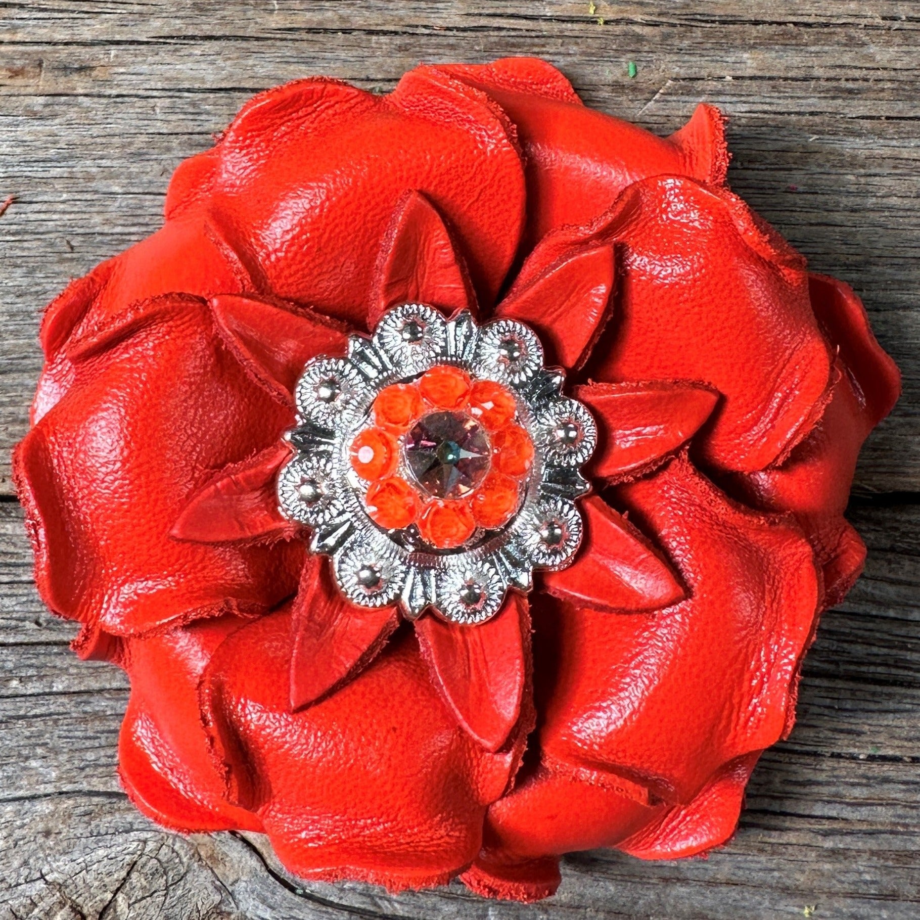 Neon Orange Gardenia Flower With Bright Silver Neon Orange &amp; AB 1" Concho