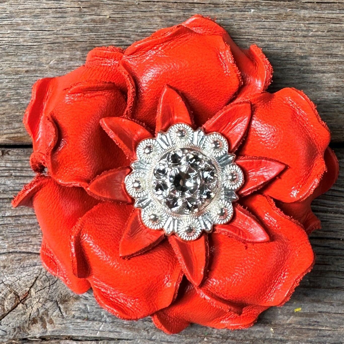 Neon Orange Gardenia Flower With Bright Silver Clear 1" Concho