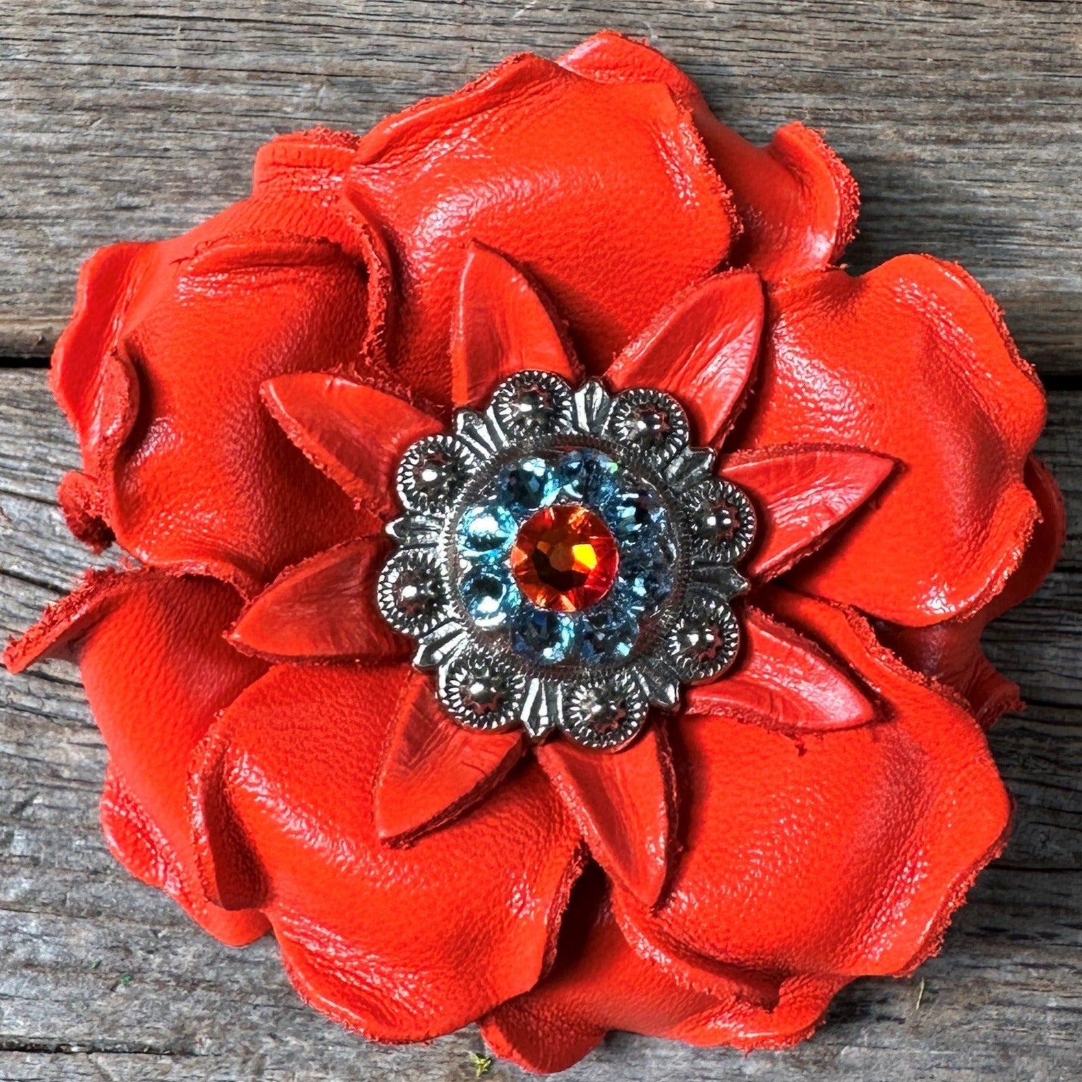 Neon Orange Gardenia Flower With Antique Silver Fire Opal &amp; Aqua 1" Concho