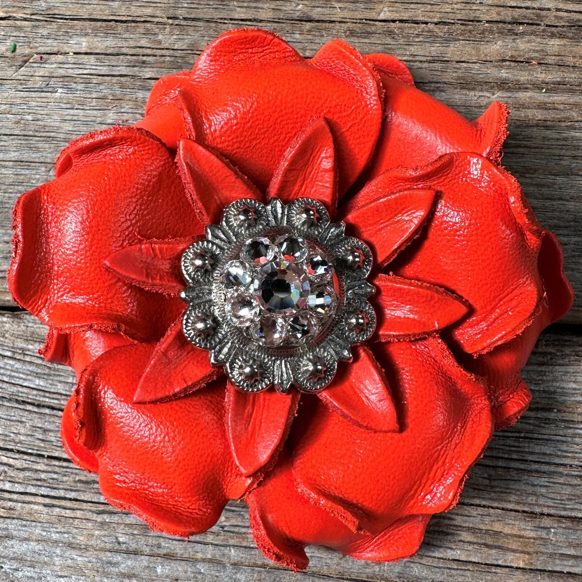 Neon Orange Gardenia Flower With Antique Silver Clear 1" Concho