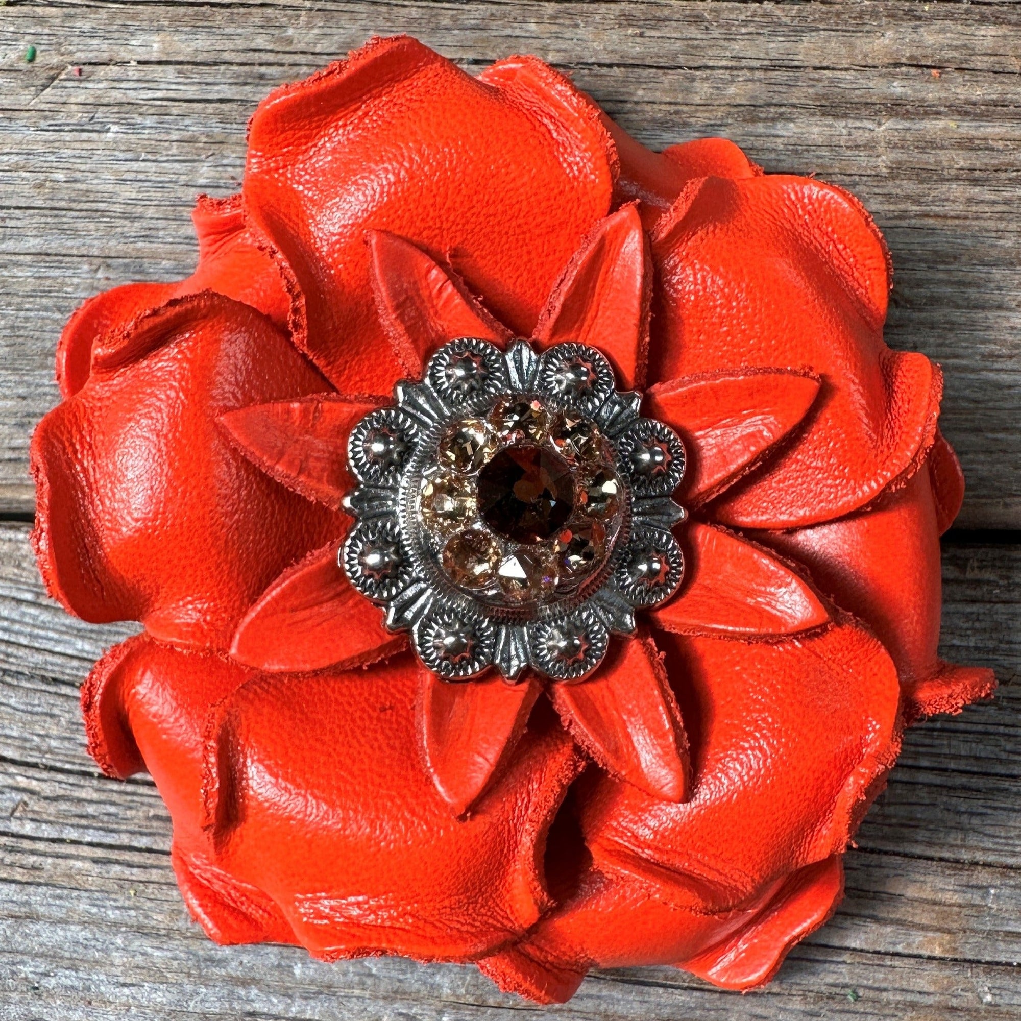 Neon Orange Gardenia Flower With Antique Silver Topaz &amp; Champagne 1" Concho