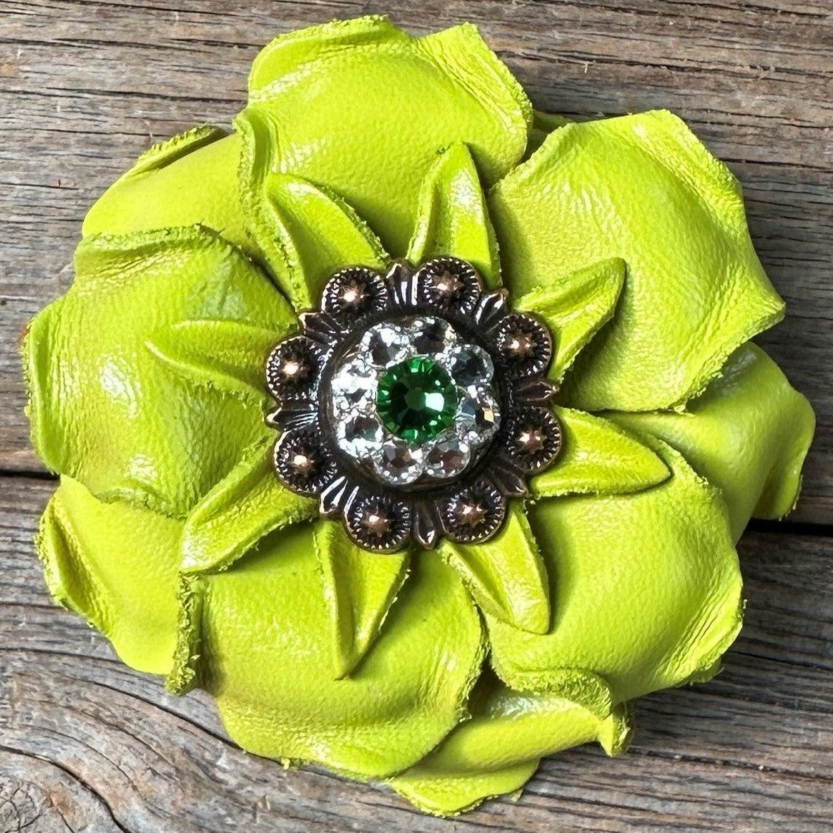 Neon Lime Gardenia Flower With Copper Fern &amp; Clear 1" Concho