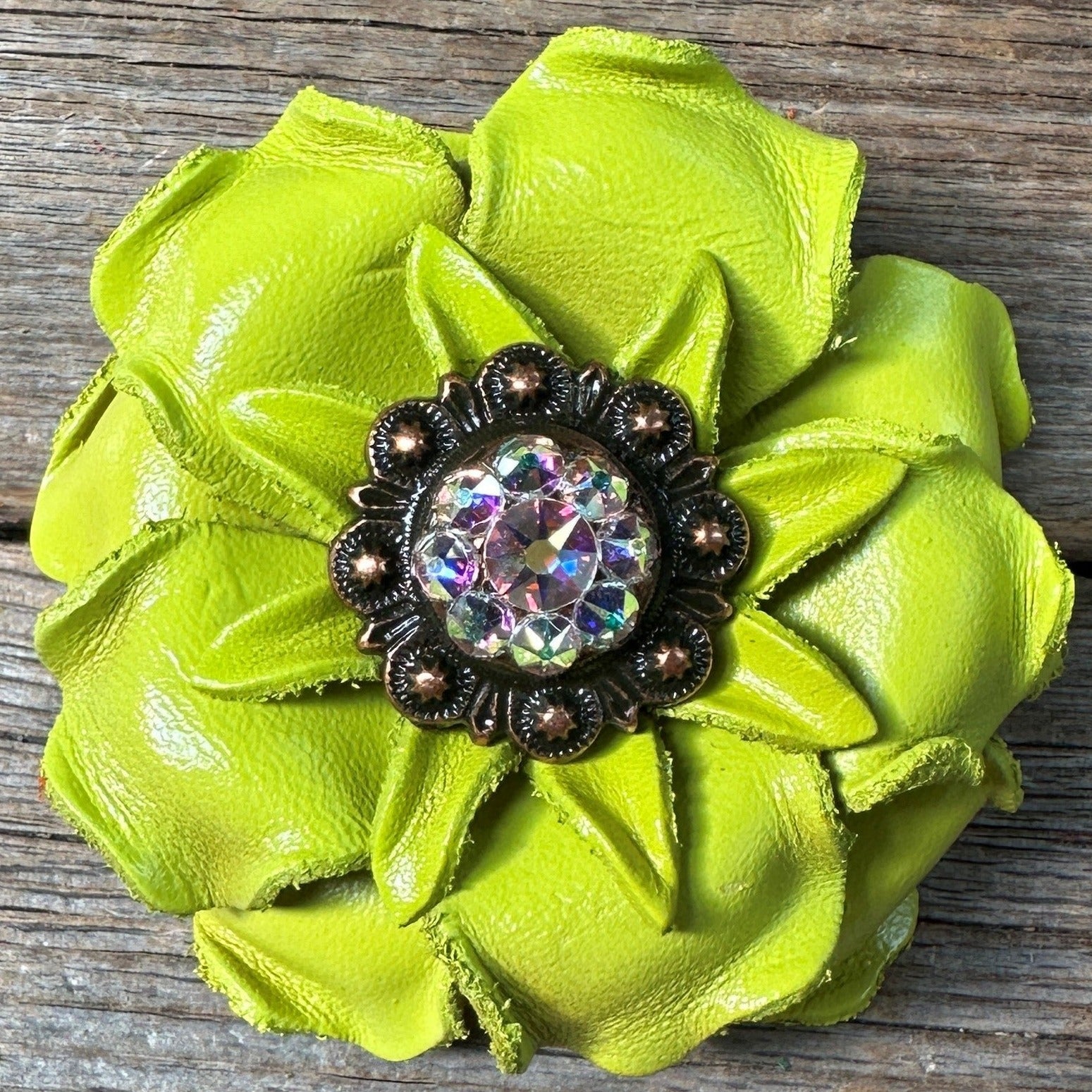 Neon Lime Gardenia Flower With Copper AB 1" Concho