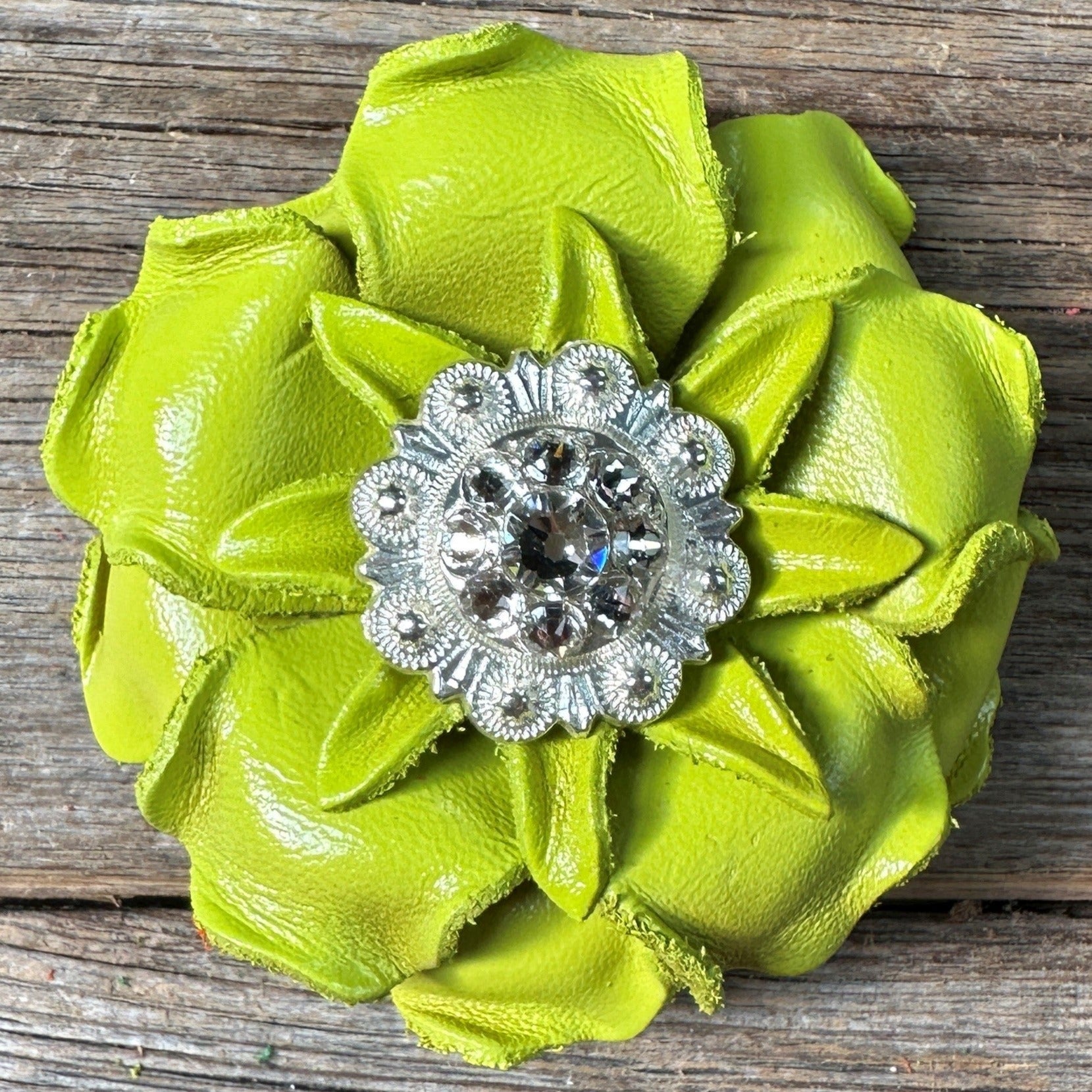 Neon Lime Gardenia Flower With Bright Silver Clear 1" Concho