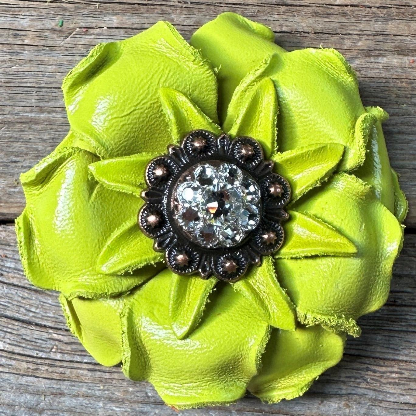 Neon Lime Gardenia Flower With Copper Clear 1" Concho