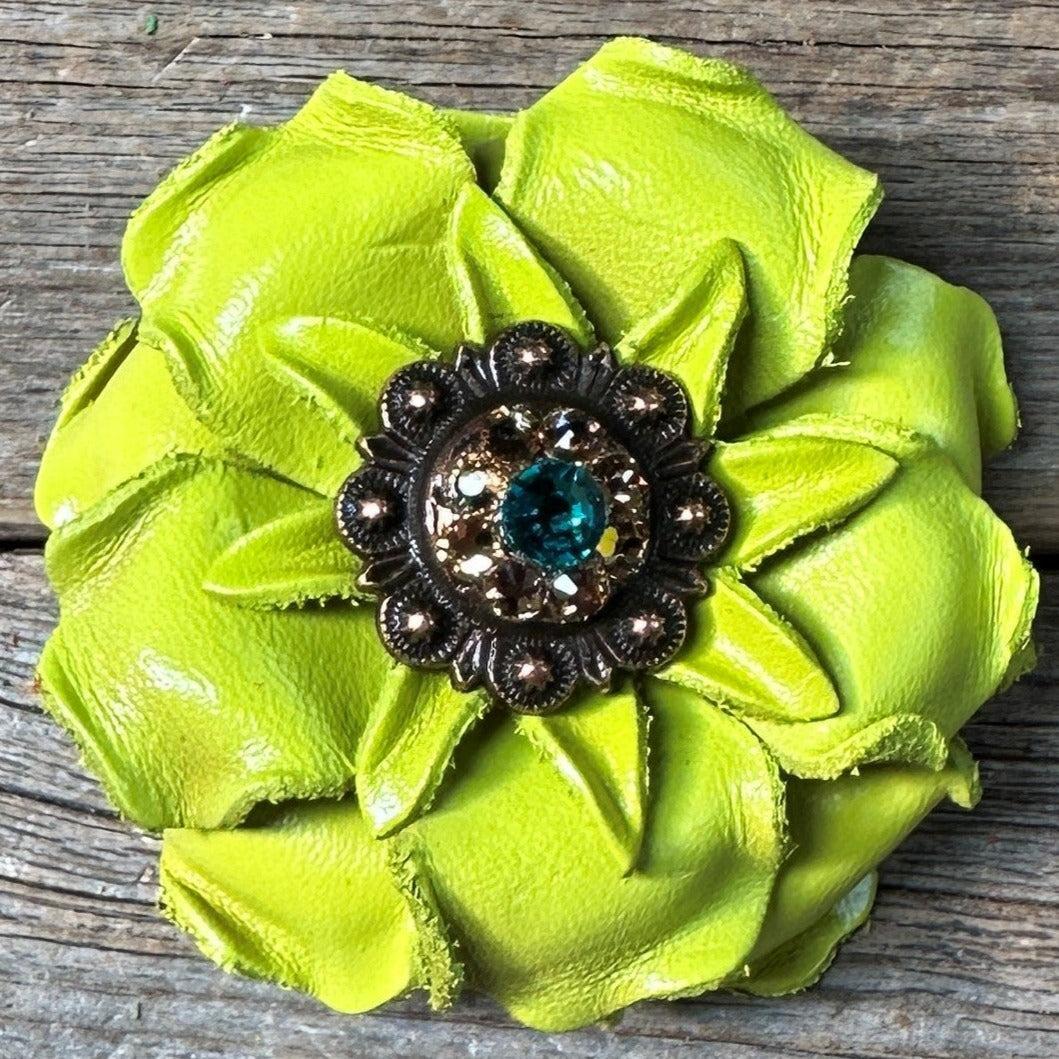 Neon Lime Gardenia Flower With Copper Teal &amp; Champagne 1" Concho