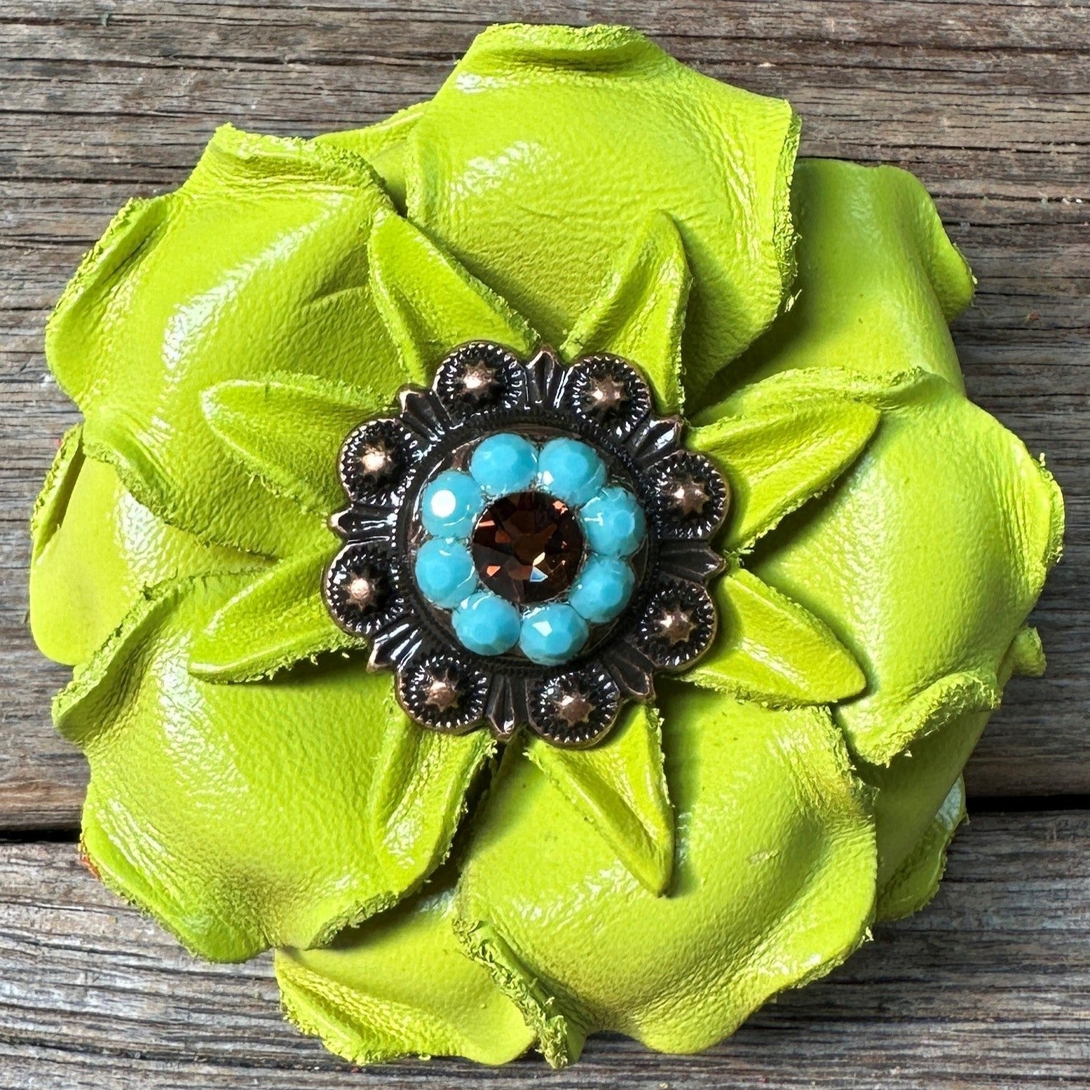 Neon Lime Gardenia Flower With Copper Topaz &amp; Turquoise 1" Concho