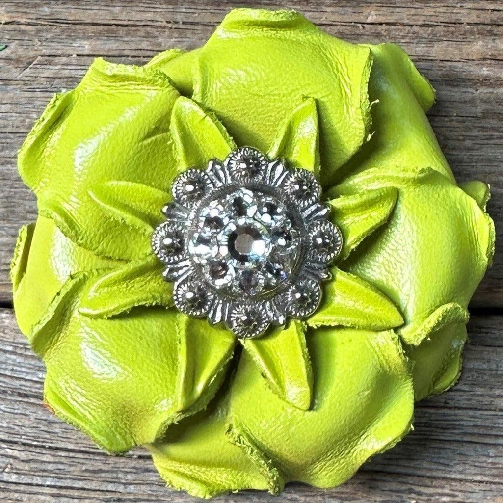 Neon Lime Gardenia Flower With Antique Silver Clear 1" Concho