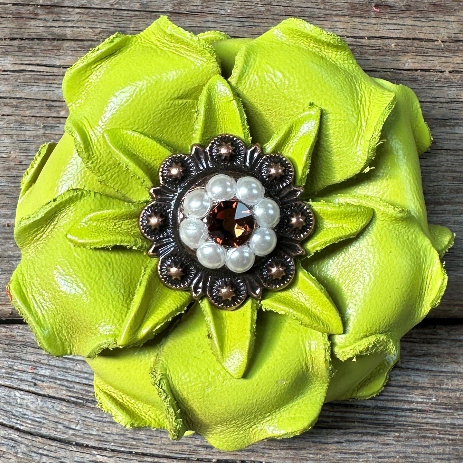 Neon Lime Gardenia Flower With Copper Topaz &amp; Pearl 1" Concho