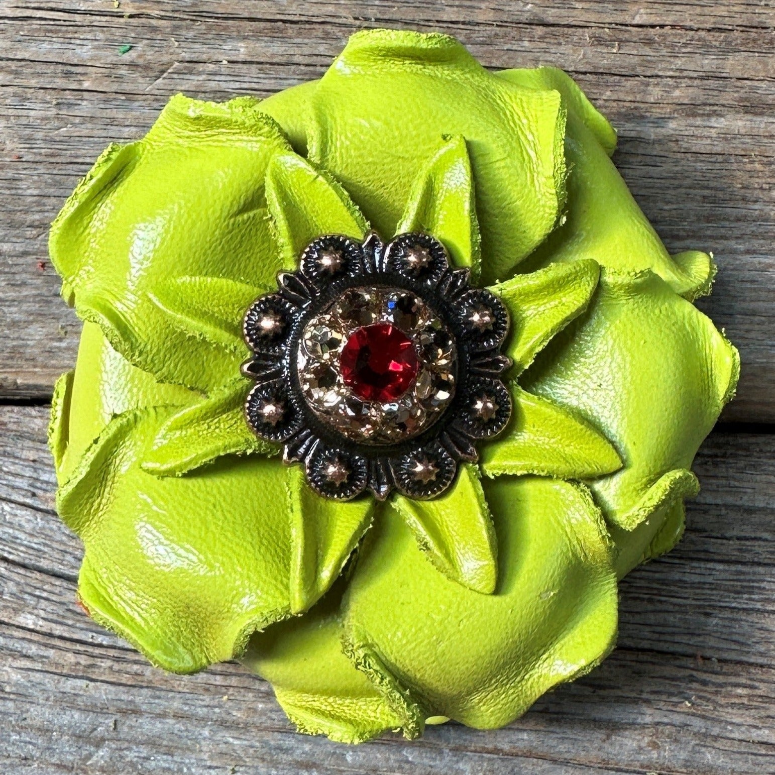 Neon Lime Gardenia Flower With Copper Ruby &amp; Champagne 1" Concho