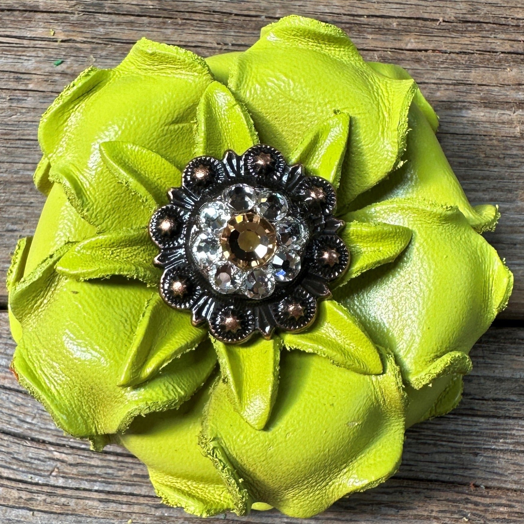 Neon Lime  Gardenia Flower With Copper Champagne &amp; Clear 1" Concho
