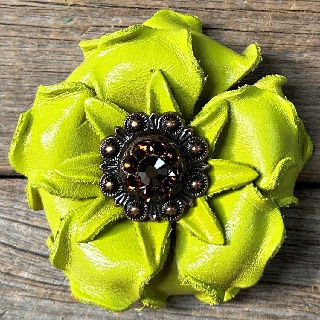 Neon Lime Gardenia Flower With Copper Jet &amp; Topaz 1" Concho