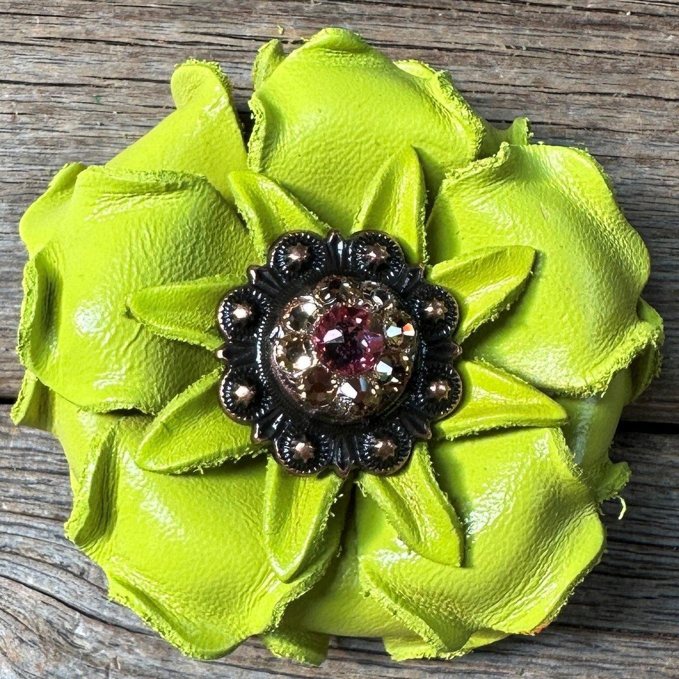 Neon Lime Gardenia Flower With Copper Pink &amp; Champagne 1" Concho