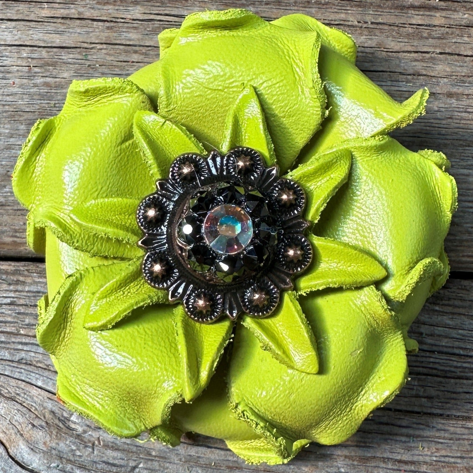 Neon Lime Gardenia Flower With Copper AB &amp; Jet 1" Concho