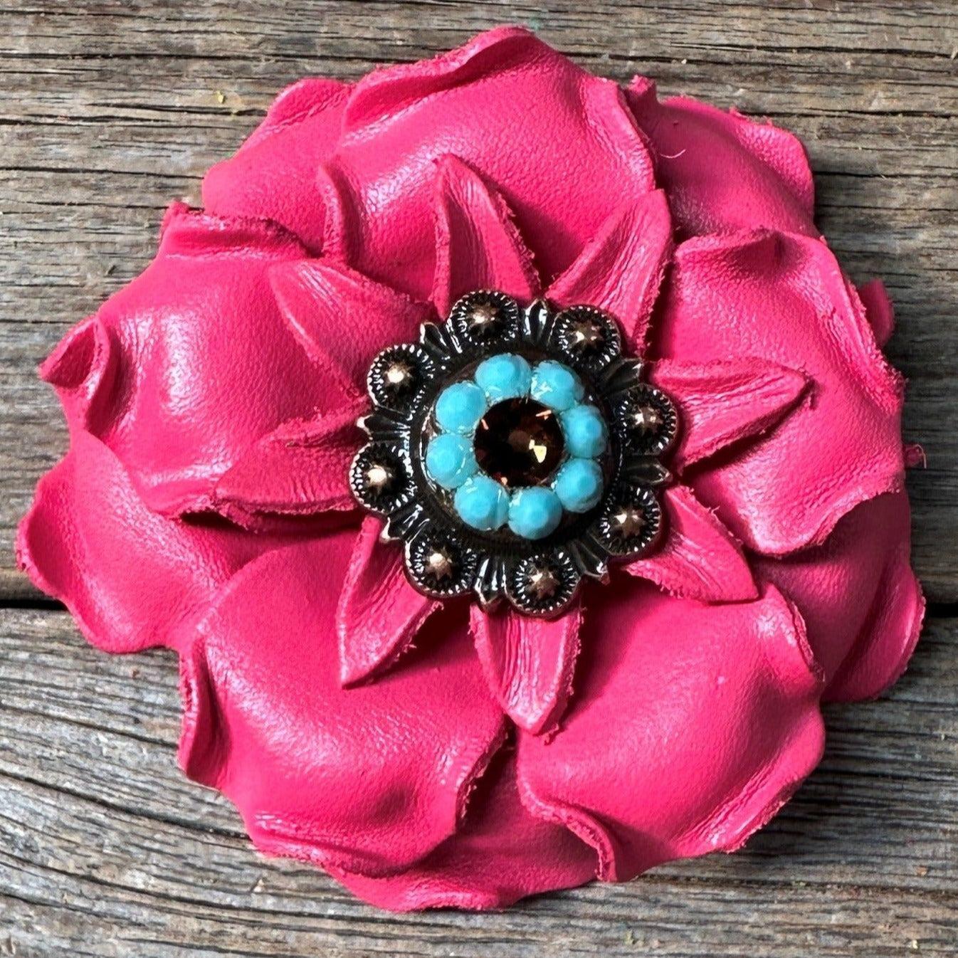 Neon Pink Gardenia Flower With Copper Topaz &amp; Turquoise 1" Concho