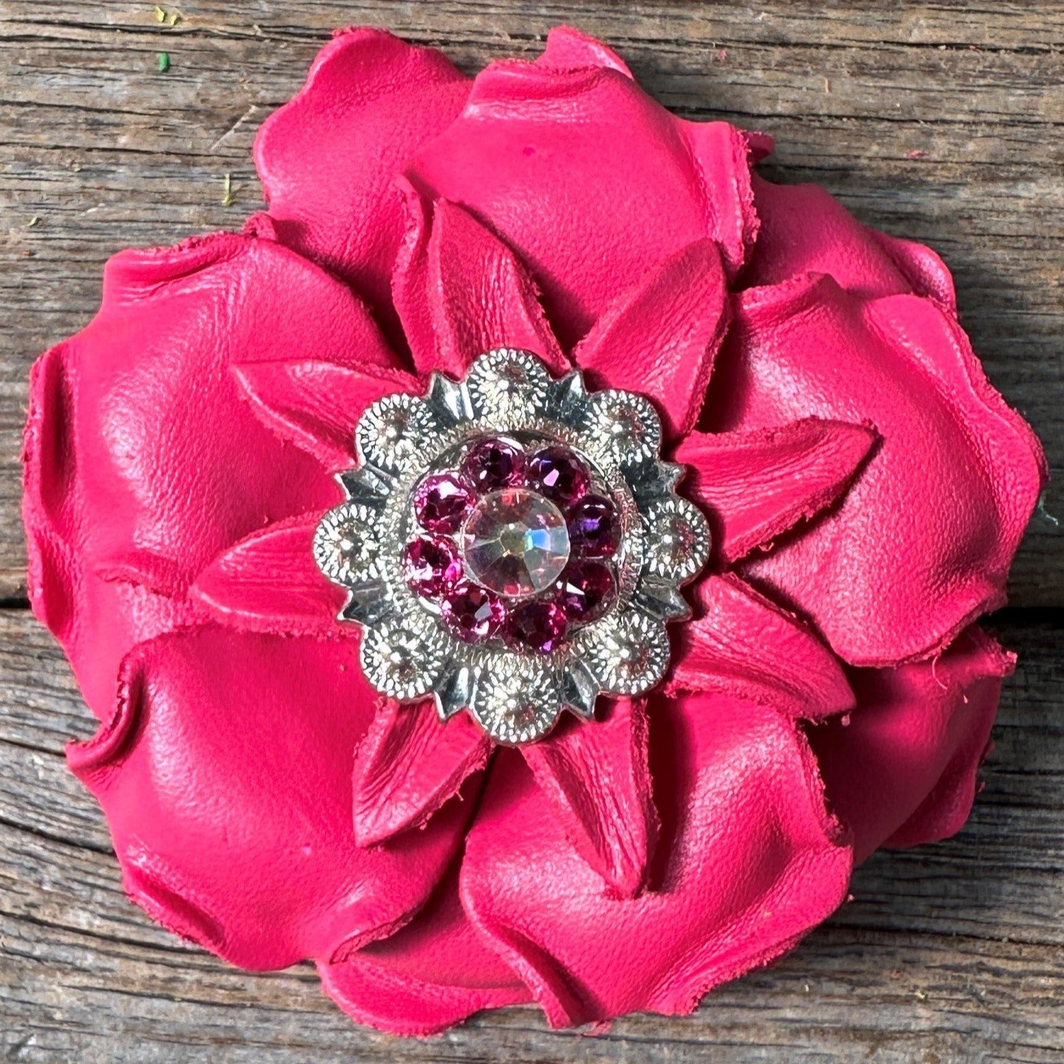 Neon Pink Gardenia Flower With Bright Silver Pink &amp; AB 1" Concho