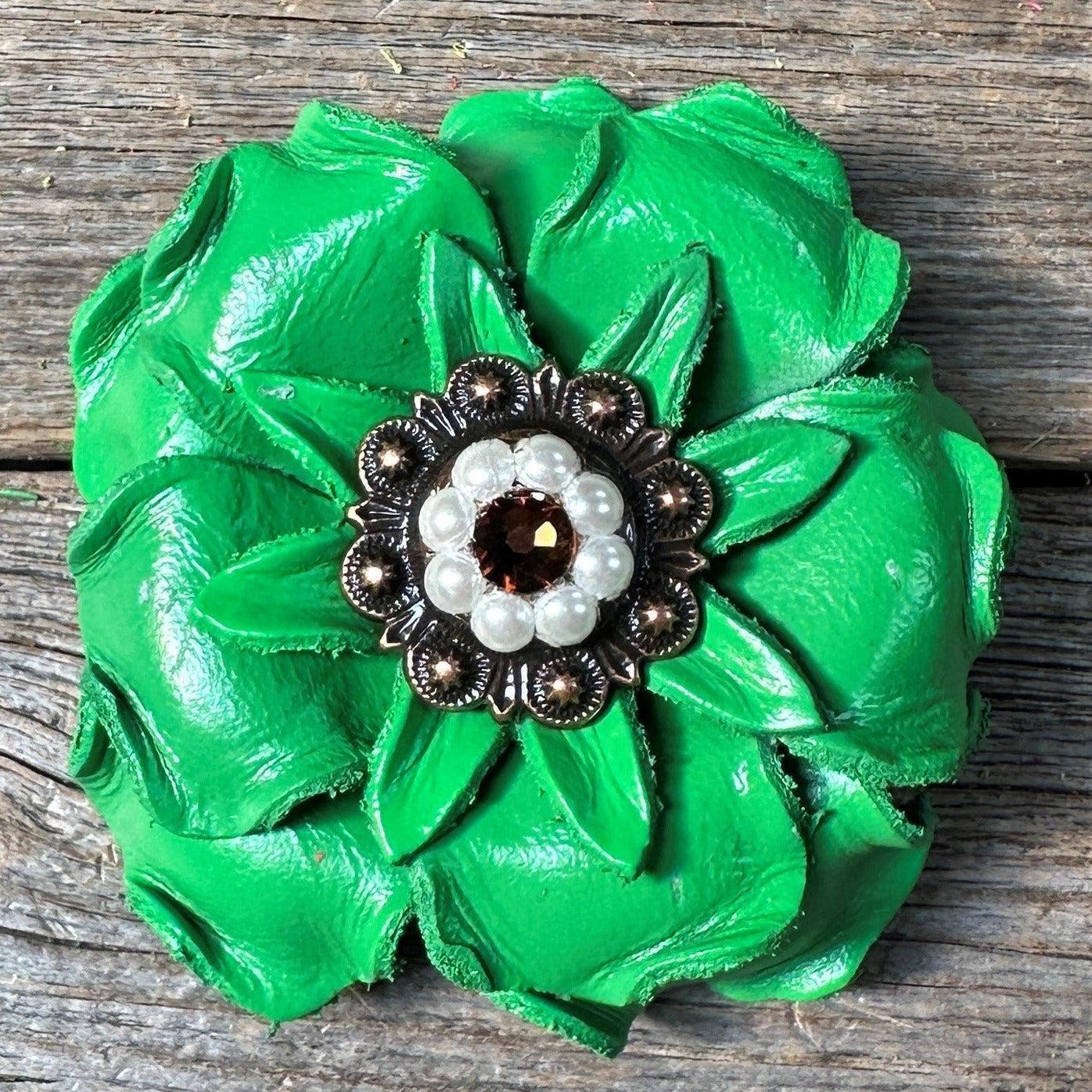 Neon Green Gardenia Flower With Copper Topaz &amp; Pearl 1" Concho