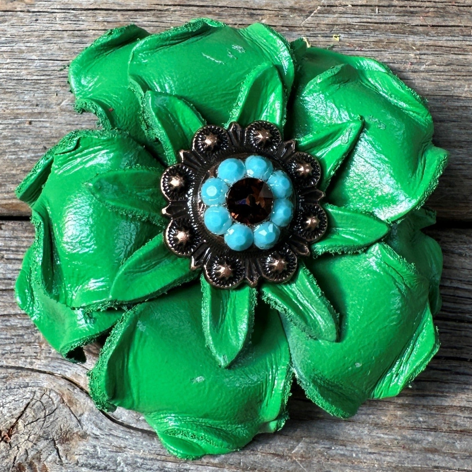 Neon Green Gardenia Flower With Copper Topaz &amp; Turquoise 1" Concho