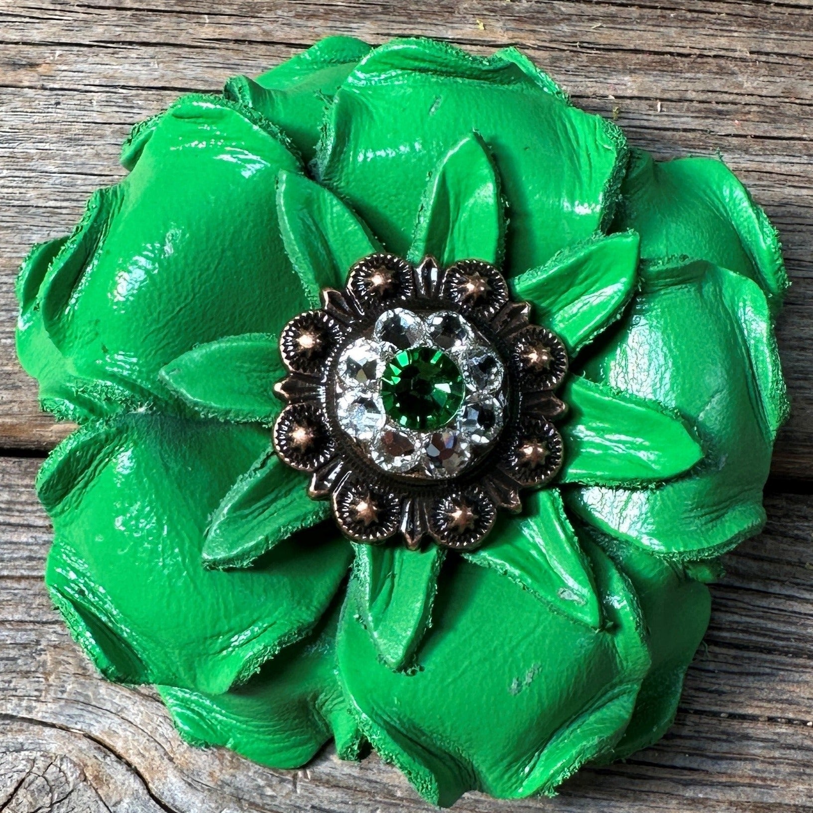 Neon Green Gardenia Flower With Copper Fern &amp; Clear 1" Concho