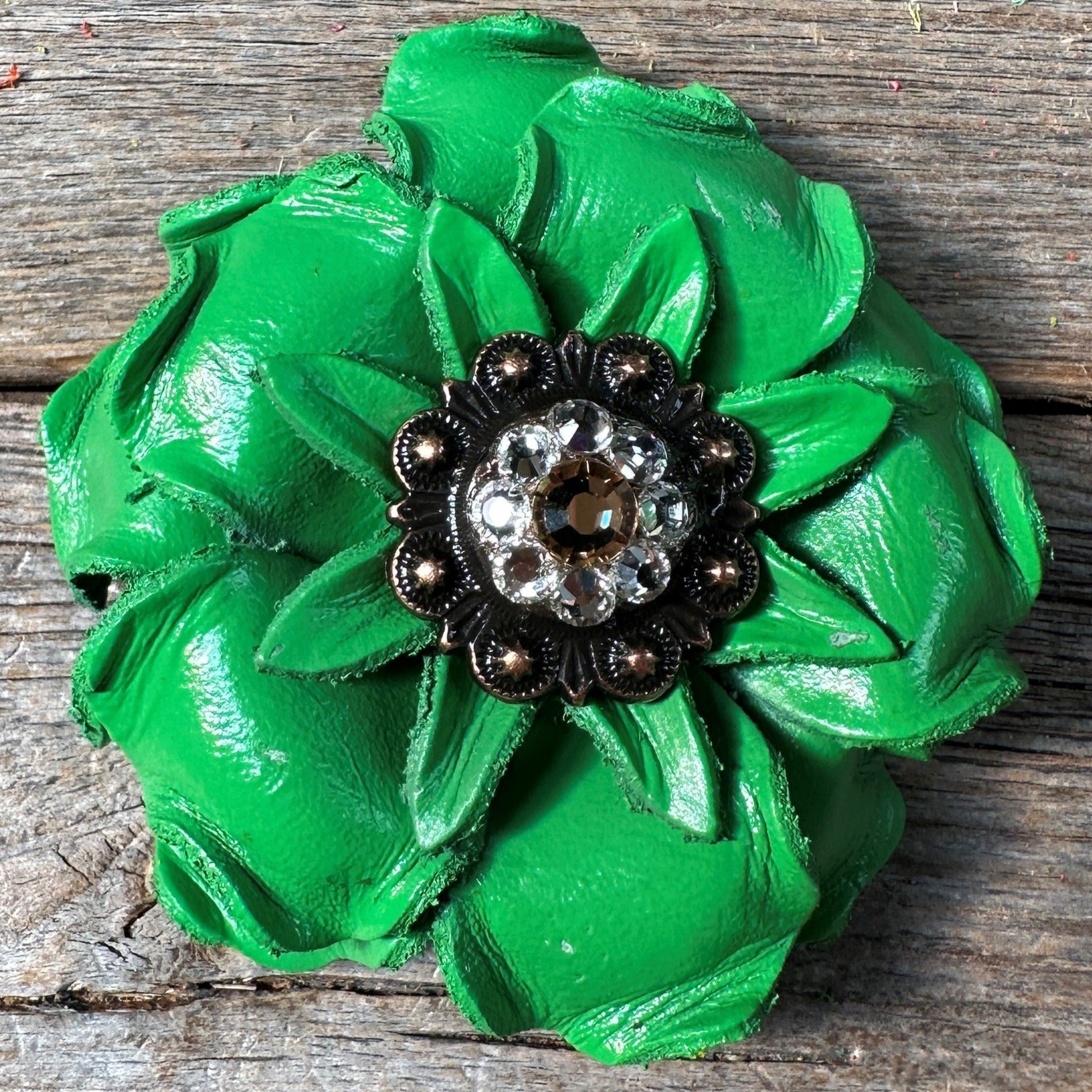 Neon Green Gardenia Flower With Copper Champagne &amp; Clear 1" Concho