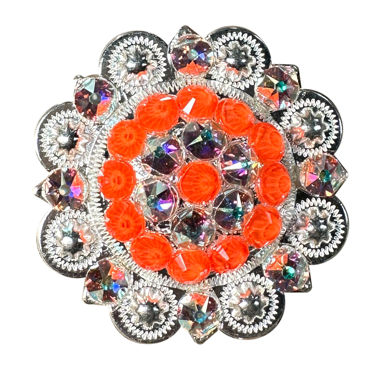Neon Orange and AB  Bright Silver 2" European Crystal Concho