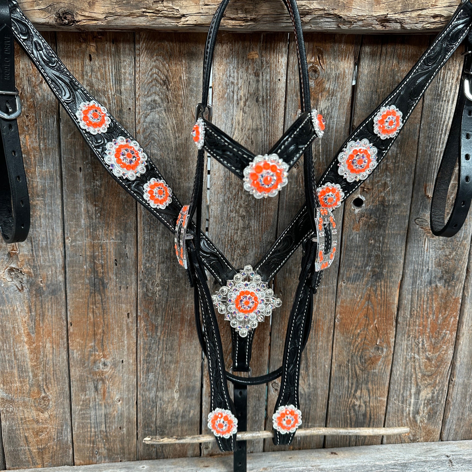Black Floral Neon Orange Browband / Breastcollar Tack Set  