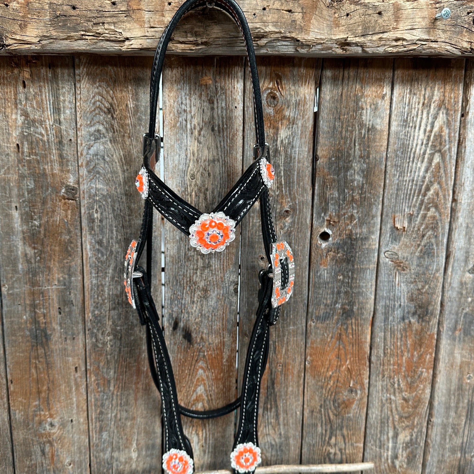 Black Floral Neon Orange Browband / Breastcollar Tack Set  