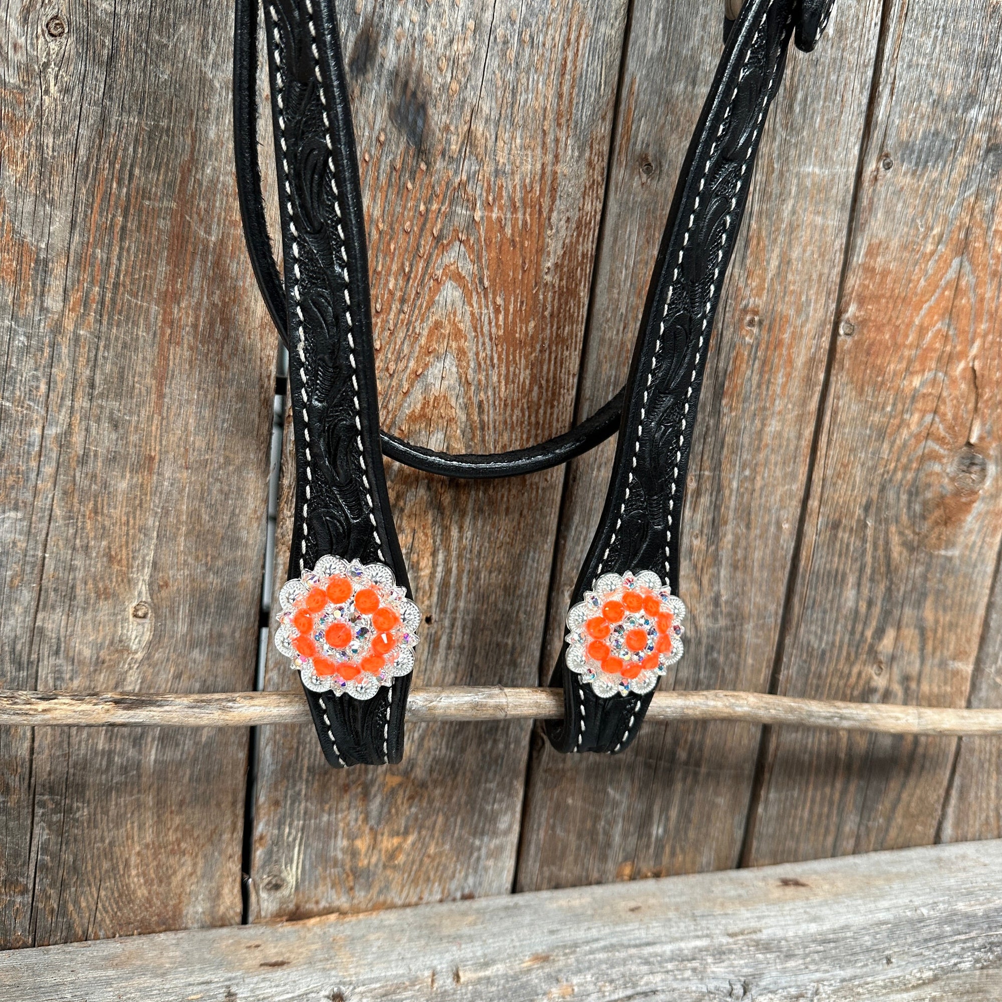 Black Floral Neon Orange Browband / Breastcollar Tack Set  