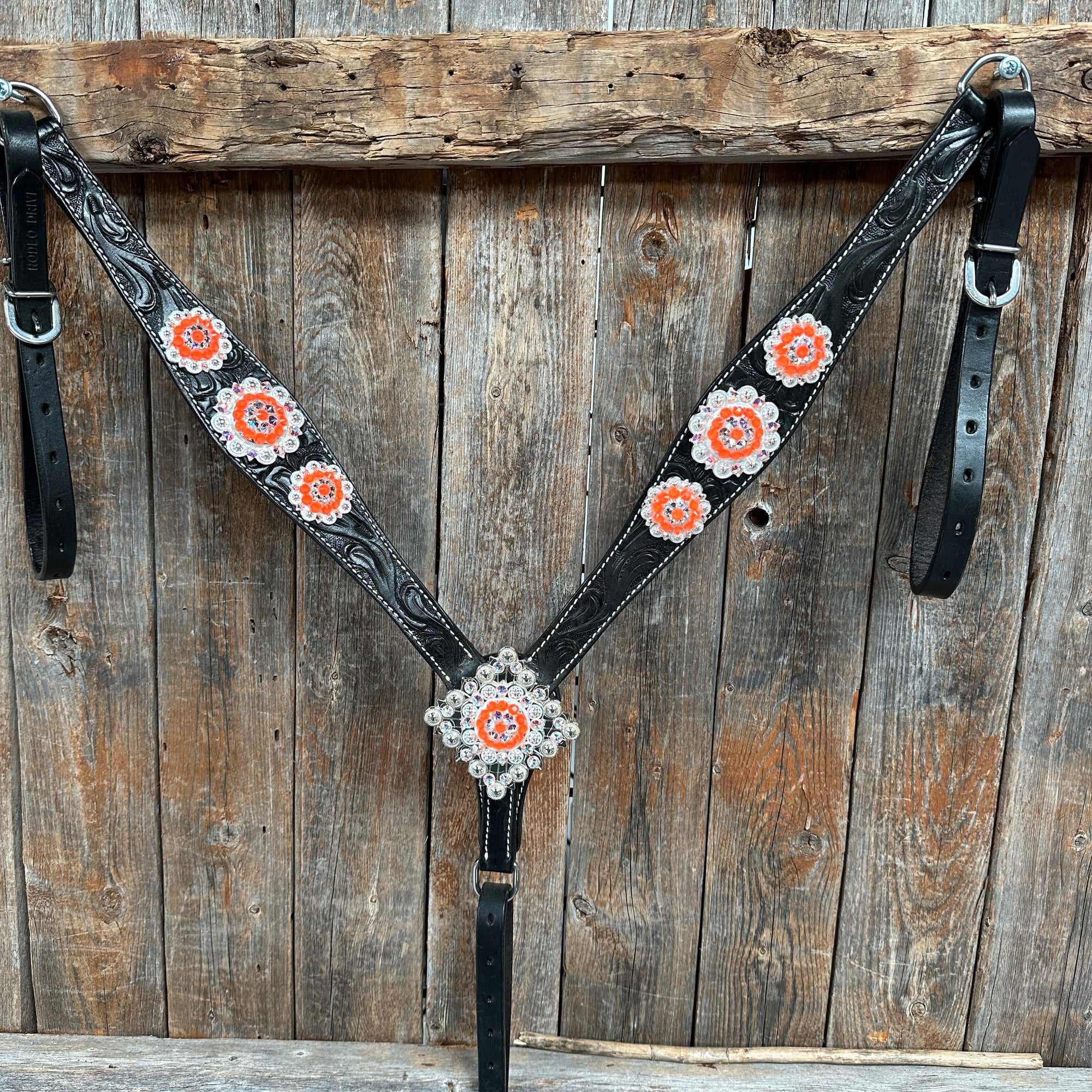 Black Floral Neon Orange Browband / Breastcollar Tack Set  