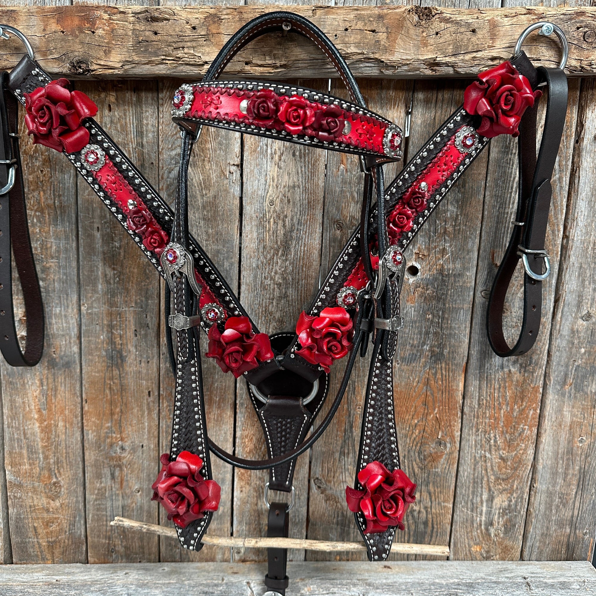 Dark Oil Silver Dot Red Roses Browband/Breastcollar Tack Set 