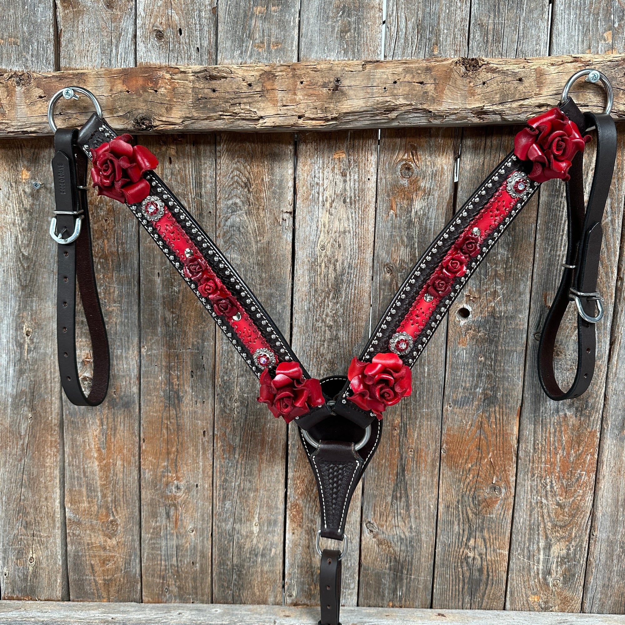 Dark Oil Silver Dot Red Roses Browband/Breastcollar Tack Set 