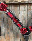 Dark Oil Silver Dot Red Roses Browband/Breastcollar Tack Set 