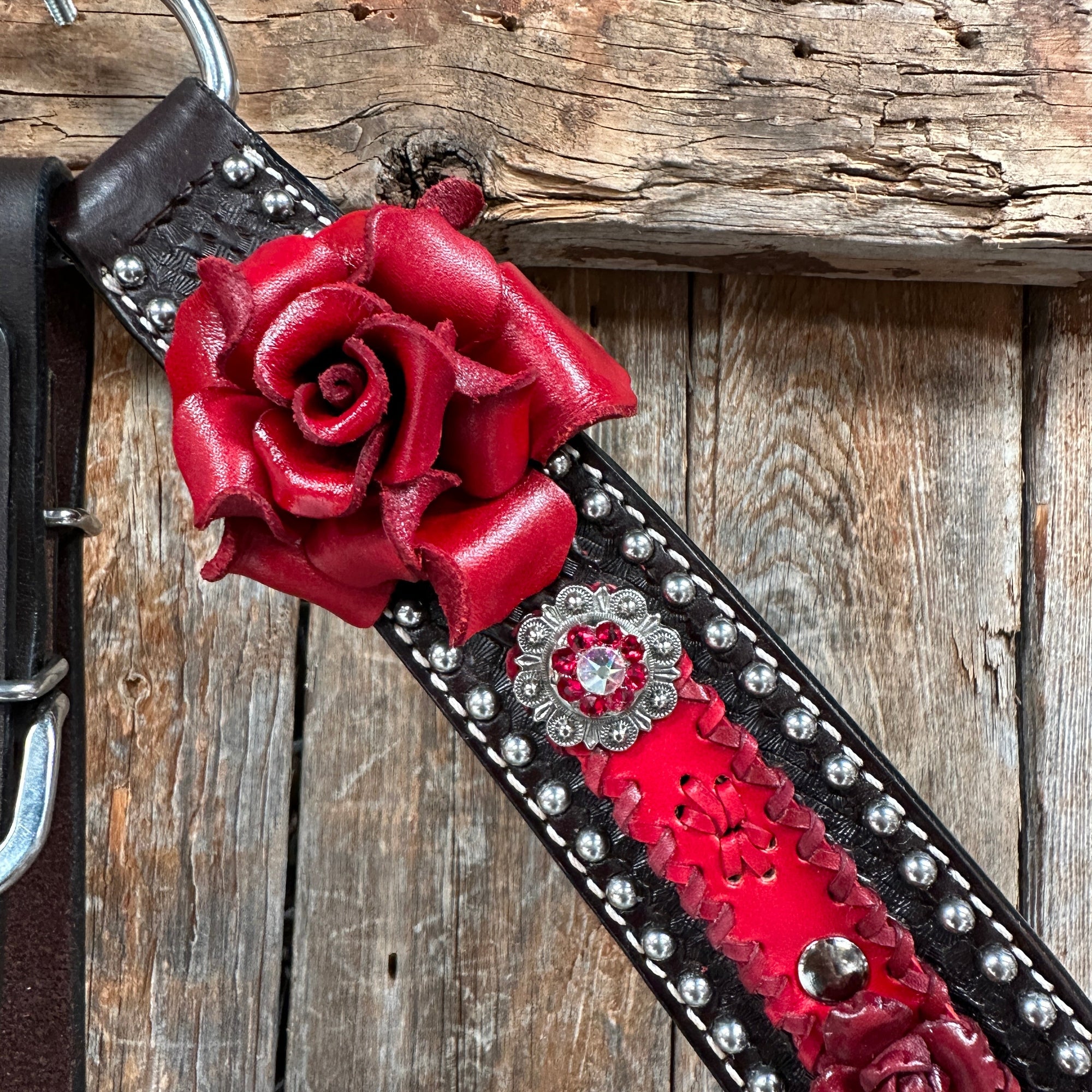Dark Oil Silver Dot Red Roses Browband/Breastcollar Tack Set 