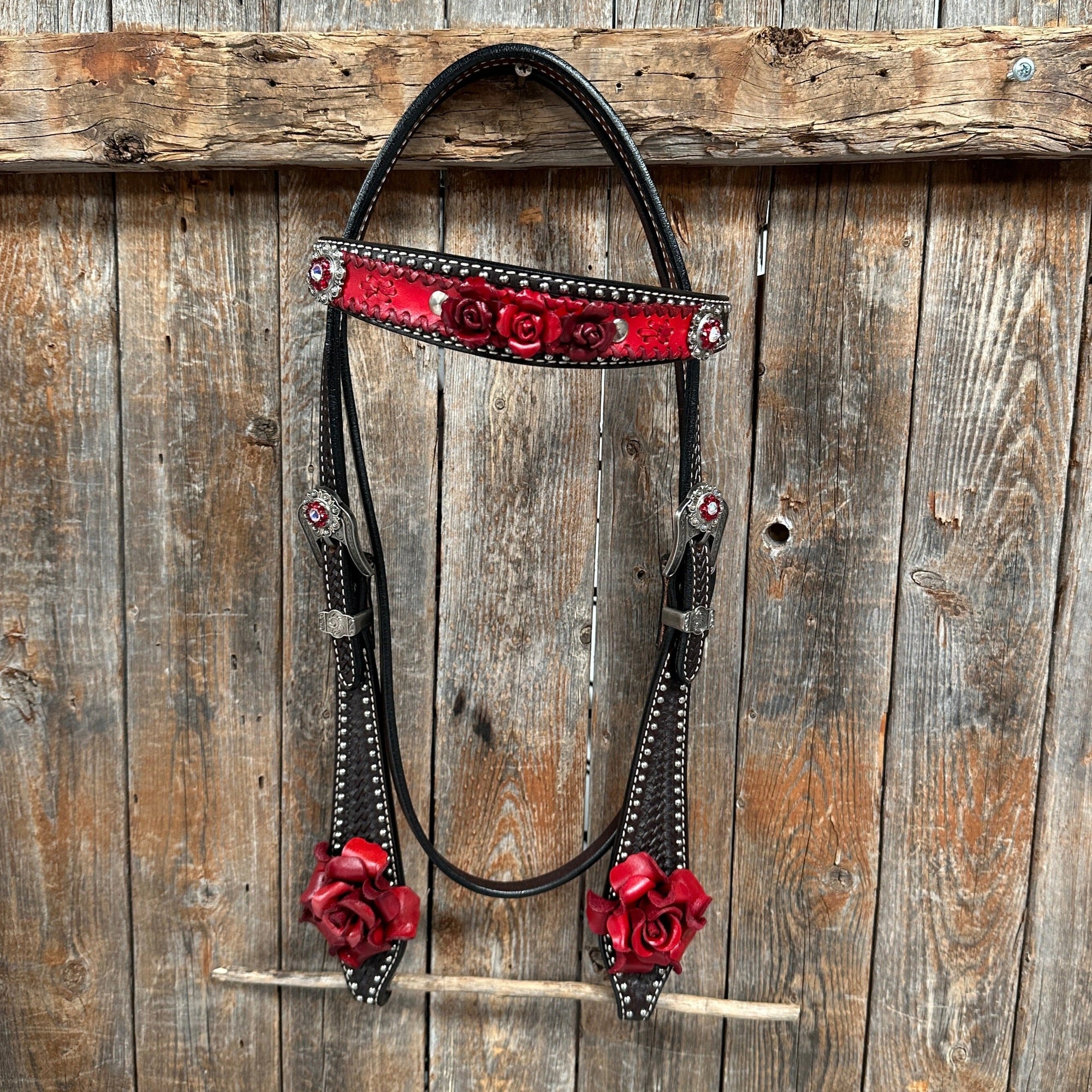 Dark Oil Silver Dot Red Roses Browband/Breastcollar Tack Set 