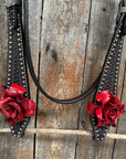 Dark Oil Silver Dot Red Roses Browband/Breastcollar Tack Set 