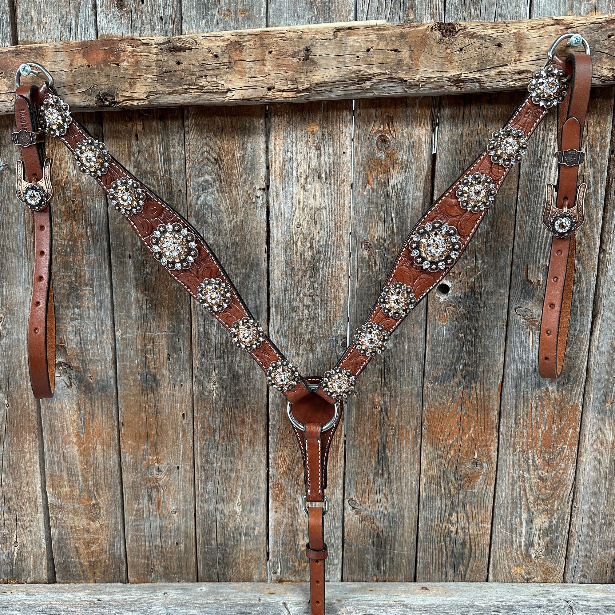 Medium Floral Champagne &amp; Clear Browband / Breastcollar Tack Set  