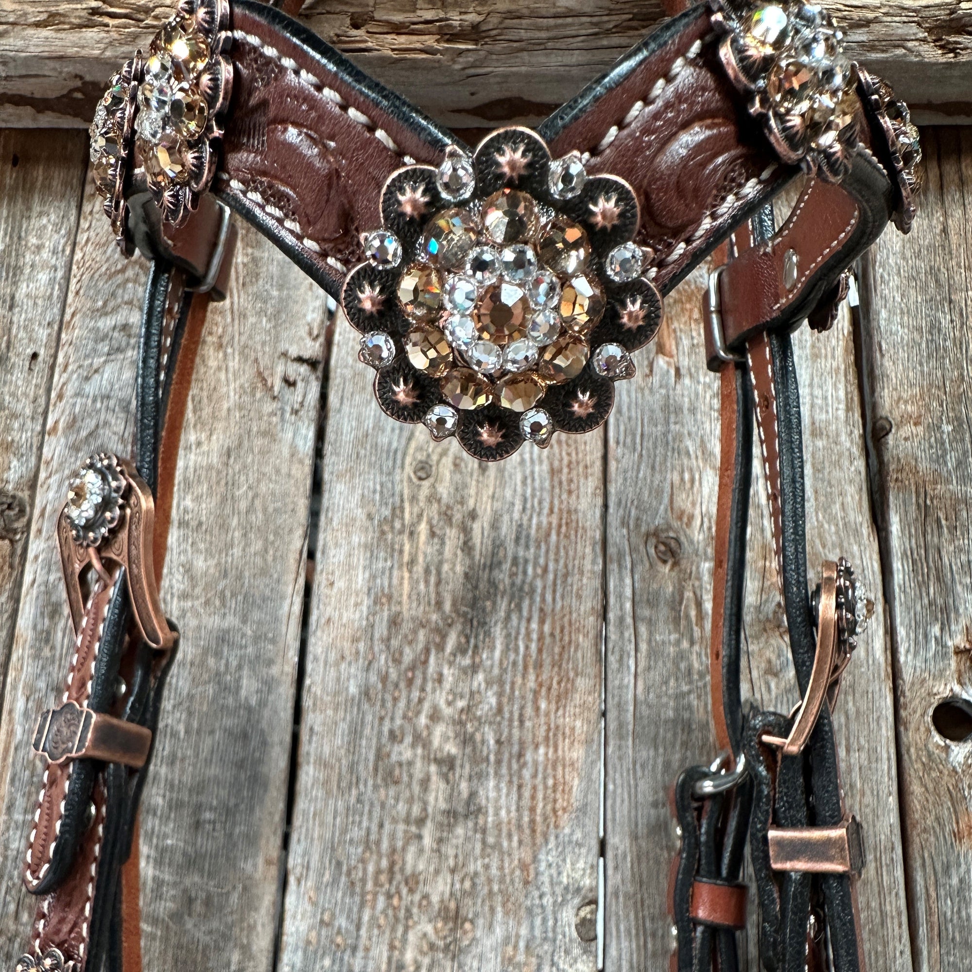 Medium Floral Champagne &amp; Clear Browband / Breastcollar Tack Set  