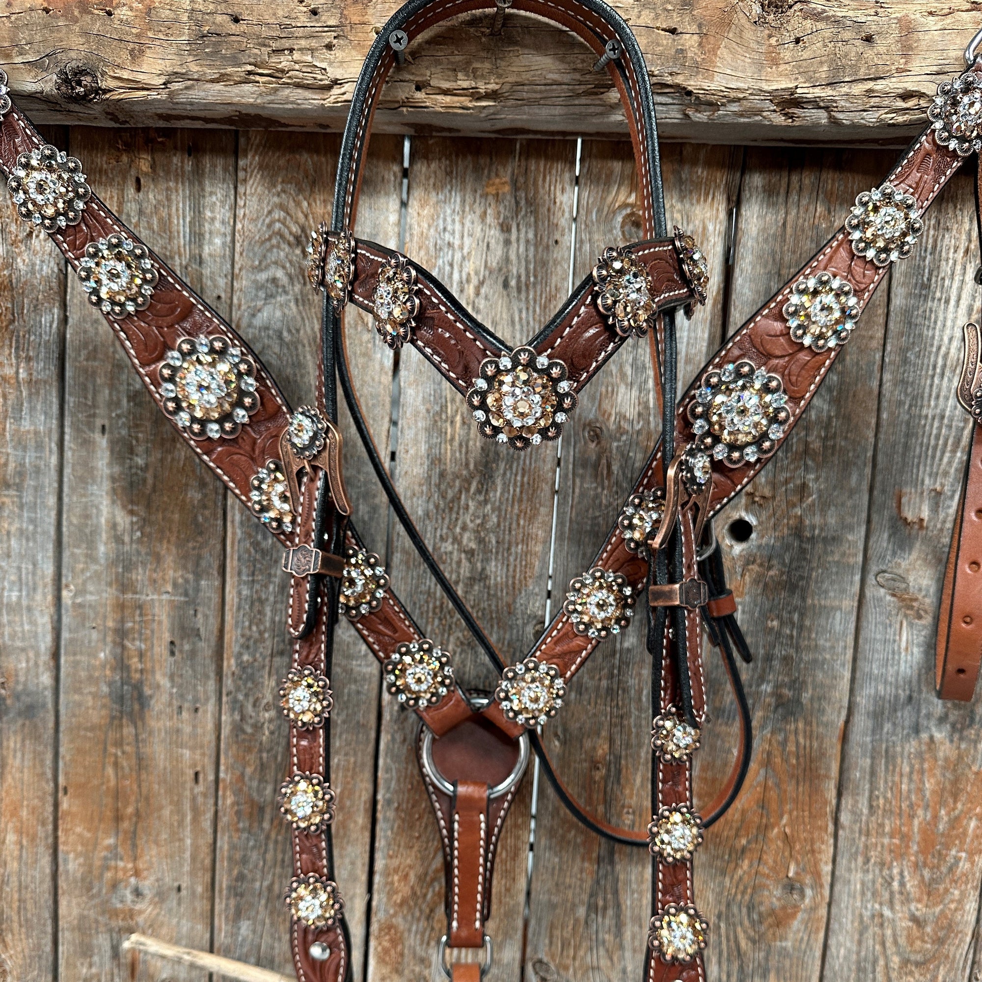 Medium Floral Champagne &amp; Clear Browband / Breastcollar Tack Set  