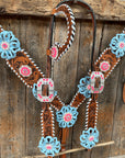 Light Oil Whipstitch Pink & Blue One Ear/ Breastcollar Tack Set 