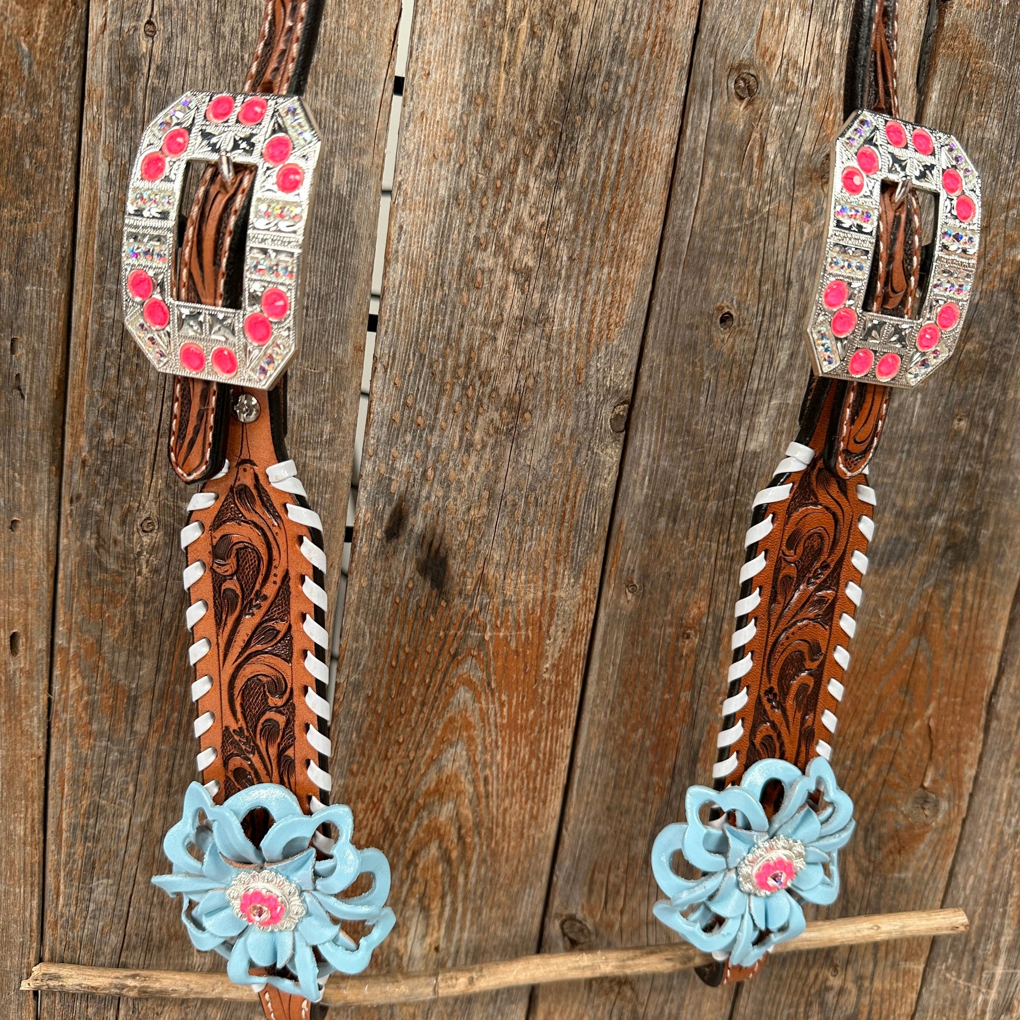 Light Oil Whipstitch Pink &amp; Blue One Ear/ Breastcollar Tack Set 